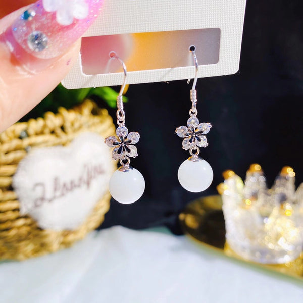 Five Petal Crystal Flower White Bead Tassel Style Earring