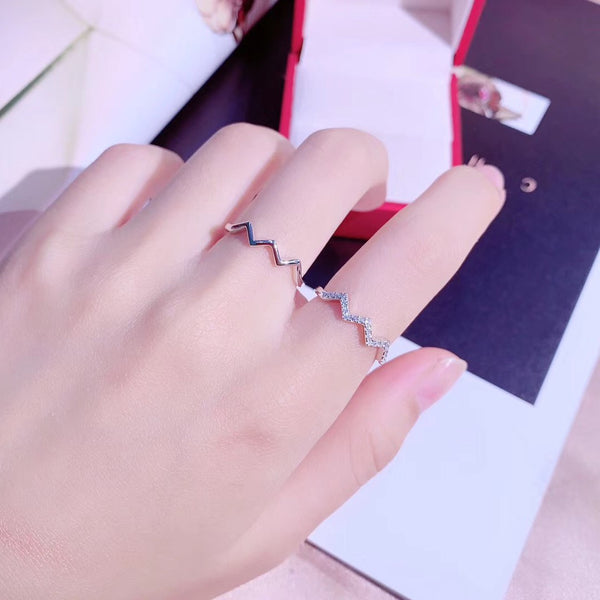 2pc CZ&Plain Silver Wavy Line Sterling Silver Ring
