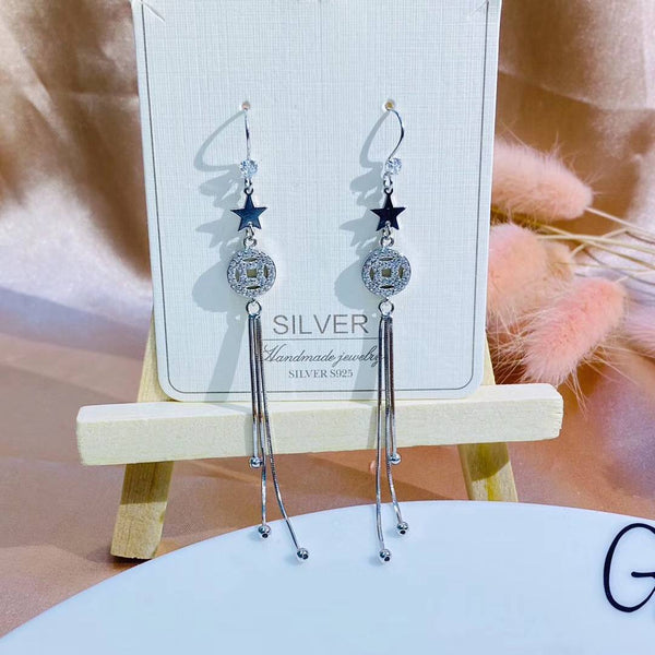 CZ Ancient Chinese Coin Tassel Style Sterling Silver Earring
