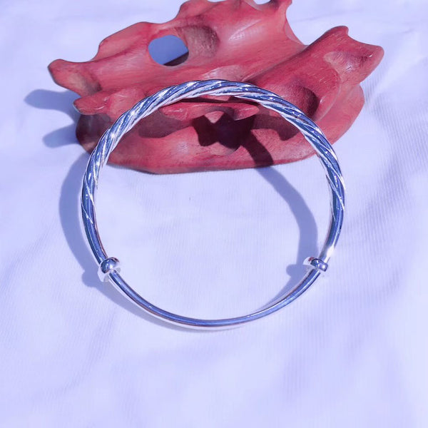 Braided Surface Round Band Adjustable Size Sterling Silver Bangle Bracelet