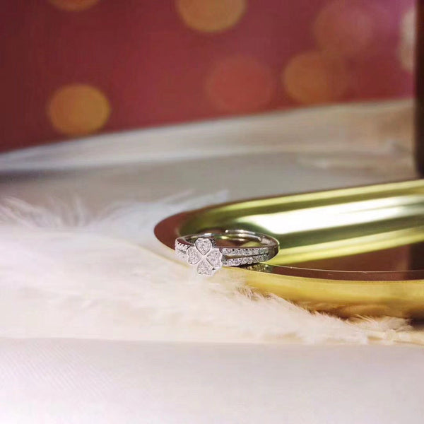 CZ Four Leaf Clover Double Band Sterling Silver Ring