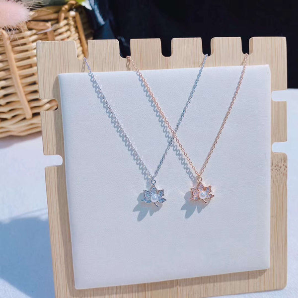 CZ Maple Leaf With Pearl Necklace