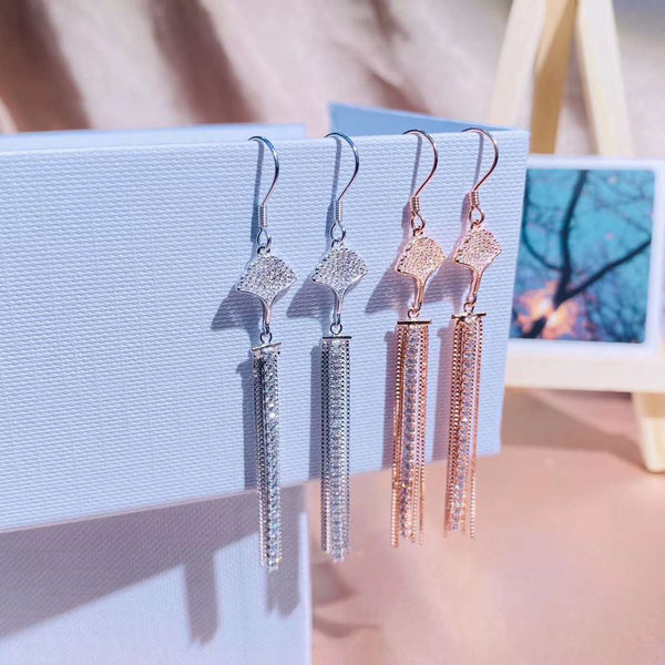 CZ Apricot Leaf &  Strings Of Beads Tassel Style Sterling Silver Earring