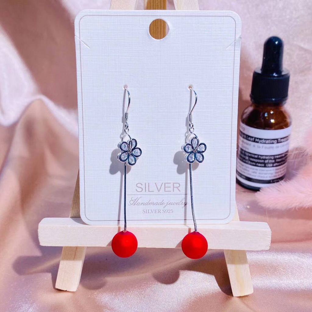 CZ Five-Petaled Flower Red Bead Tassel Style Sterling Silver Earring