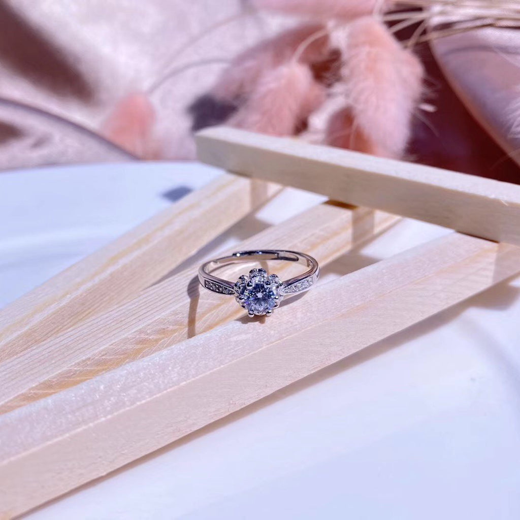 CZ Flower Solitaire Half CZ Band Sterling Silver Ring