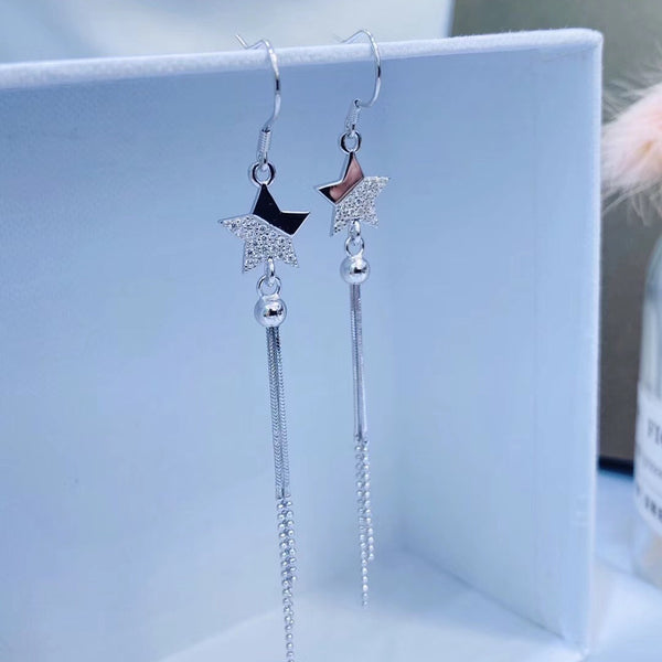 CZ Star & Strings Of Beads Tassel Style Sterling Silver Earring