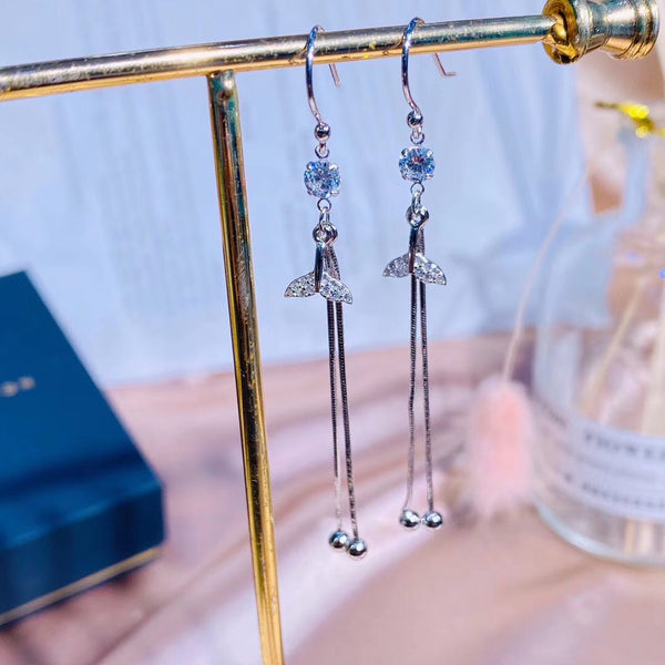 CZ solitaire fishtail silver bead sterling silver earring