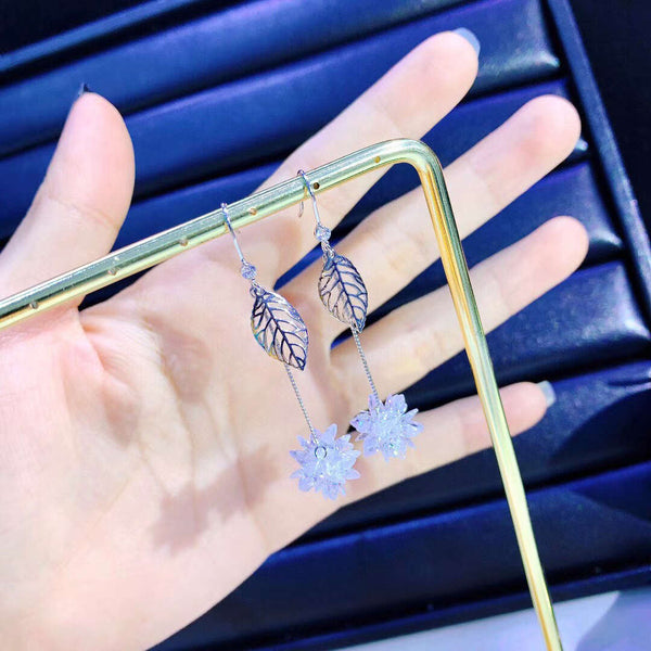 Crystal Flower & Sterling Silver Leaf Venation Dangle Earrings