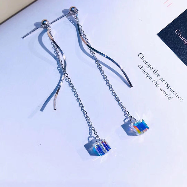 Crystal Cube Tassel Style Sterling Silver Earring