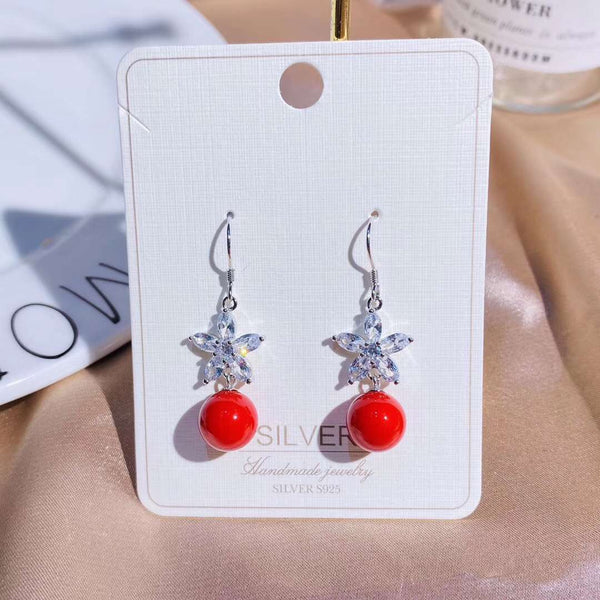 Crystal Flower Red Bead Tassel Style Sterling Silver Earring