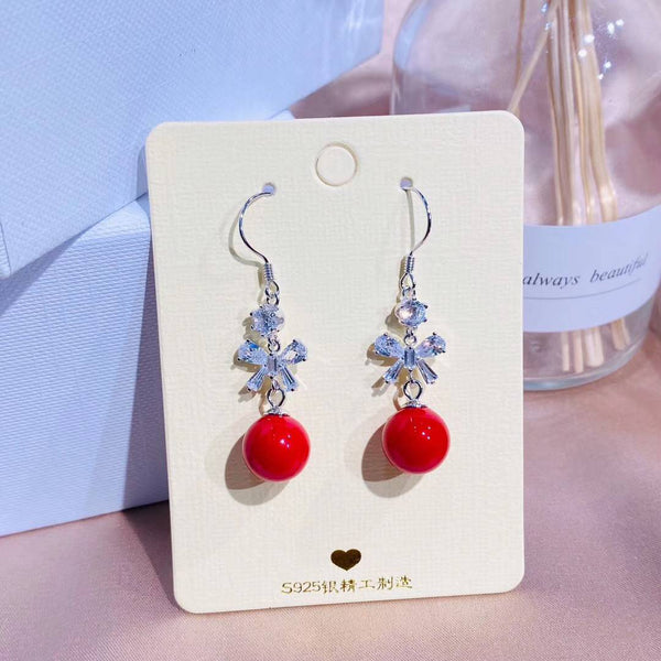 Cz Bow Red Bead Tassel Style Sterling Silver Earring