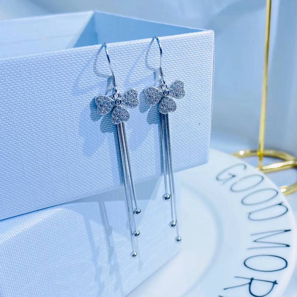 Cz Clover Tassel Style Sterling Silver Earring