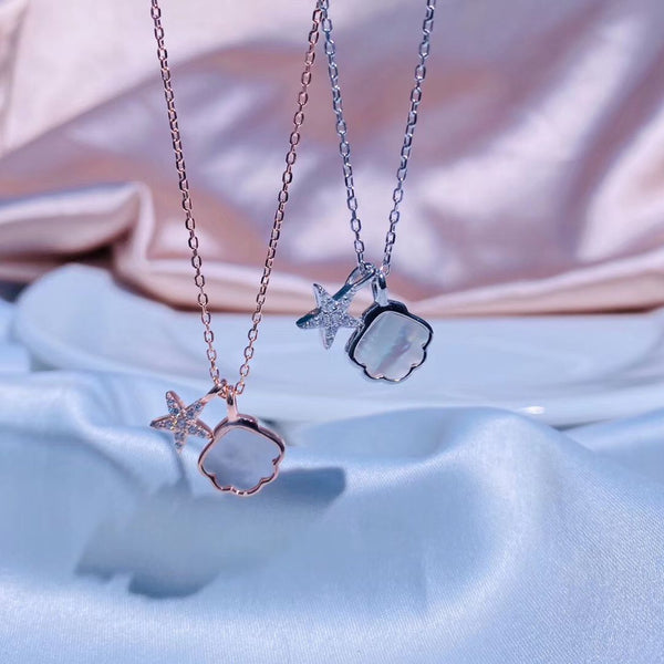Cz Star White Opal Seashell Sterling Silver Necklace