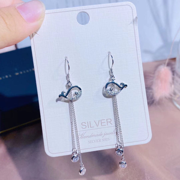 Cz Whale Cz Bead Tassel Style Sterling Silver Earring