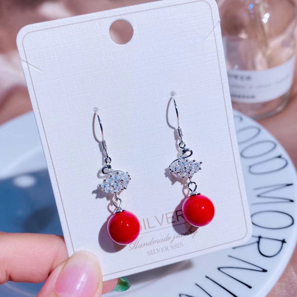 Cz White Swan Red Bead Tassel Style Sterling Silver Earring