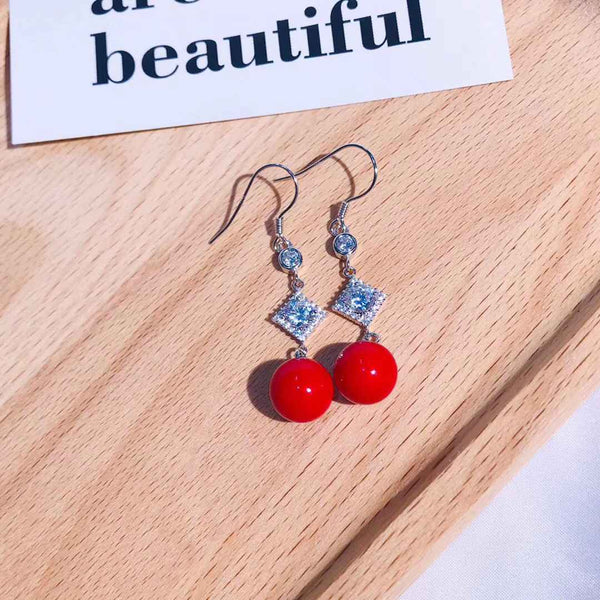 Cz rhombus red bead tassel style sterling silver earring