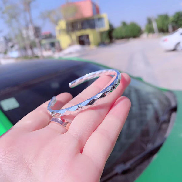 Diamond Cutting&Clover Shape Surface Sterling Silver Open Cuff Bracelet
