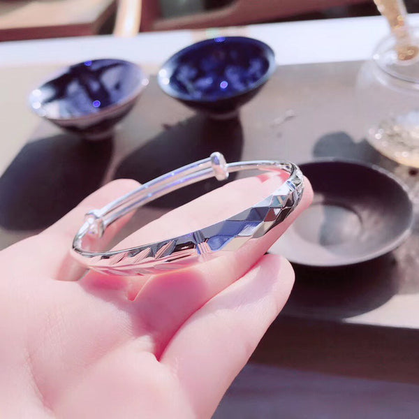 Diamond Cutting Surface Wide Band Adjustable Size Sterling Silver Bangle Bracelet