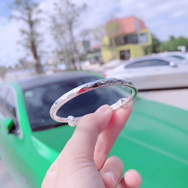 Diamond Cutting&Wavy Line Surface Round Band Adjustable Size Sterling Silver Bangle Bracelet