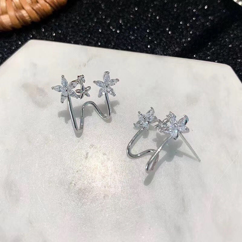 Double Crystal Flowers Sterling Silver Crawler Earrings