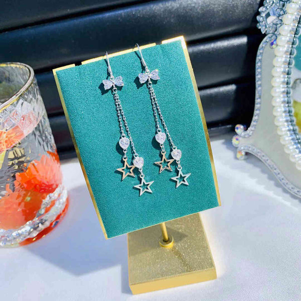 Double Hollow Stars & CZ Hearts & CZ Butterfly Silver Dangle Earrings