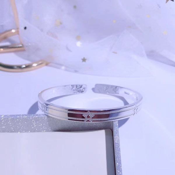 Double Lines & Stars Pattern Wide Band Open-Cuff Sterling Silver Bangle Bracelet