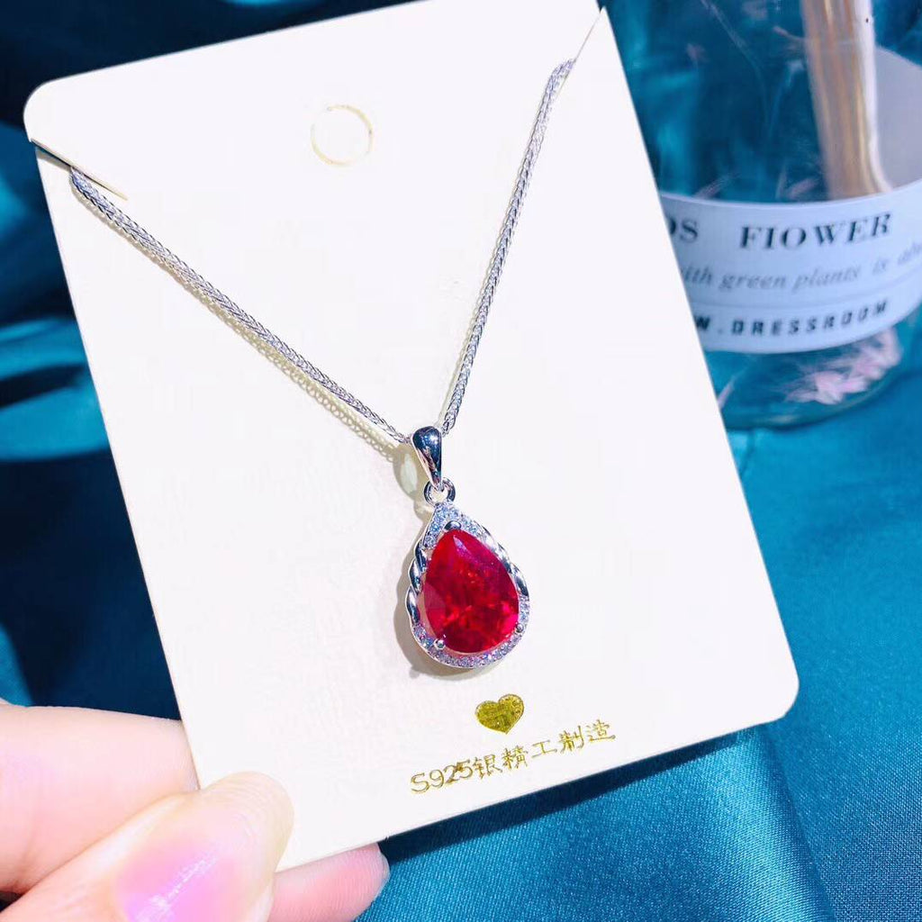 Drop Shape Red Ruby Sterling Silver Necklace