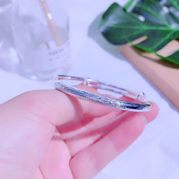 Feather Pattern Round Band Adjustable Size Sterling Silver Bangle Bracelet