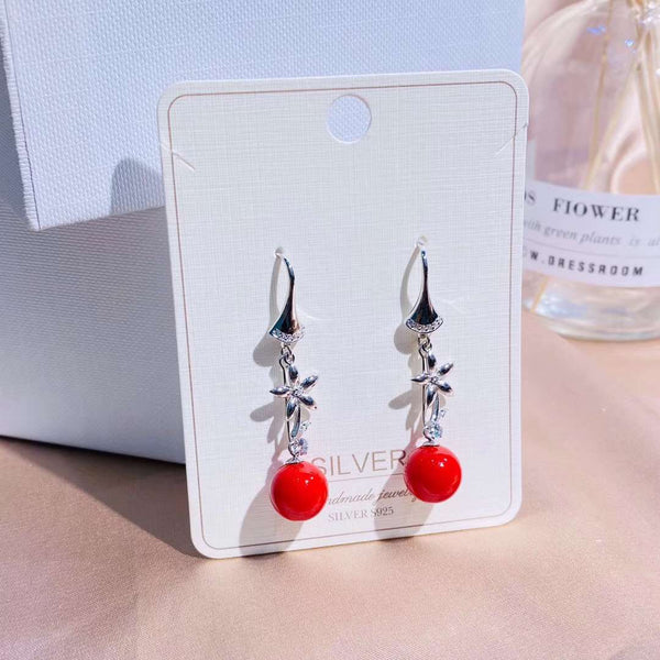 Five-Petaled Flower Red Bead Tassel Style Sterling Silver Earring