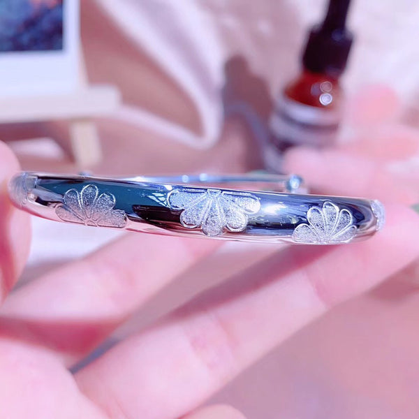 Frosted Five Leaves Flower Pattern Round Band Adjustable Size Sterling Silver Bangle Bracelet