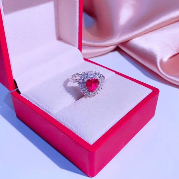 Heart-Shaped Red Cz Solitaire Surrounded By Cz Sterling Silver Ring