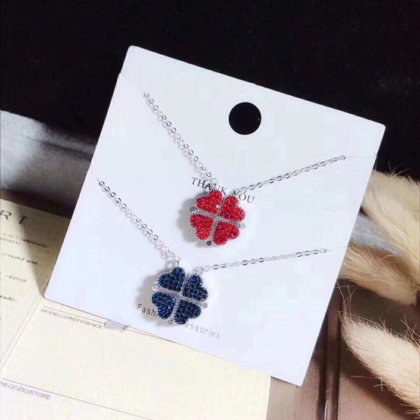 Hearts Foldable Four-Leaf Clover Sterling Silver Necklace