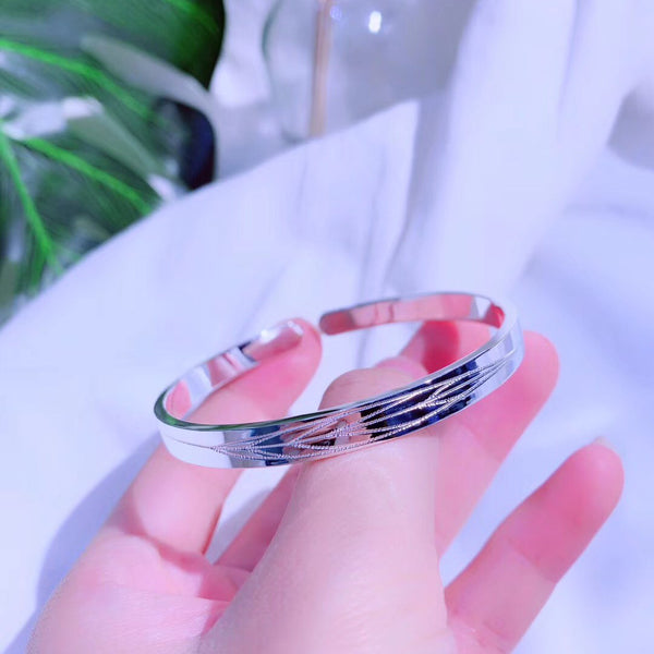 Leaf Pattern Wide Band Open-Cuff Sterling Silver Bangle Bracelet