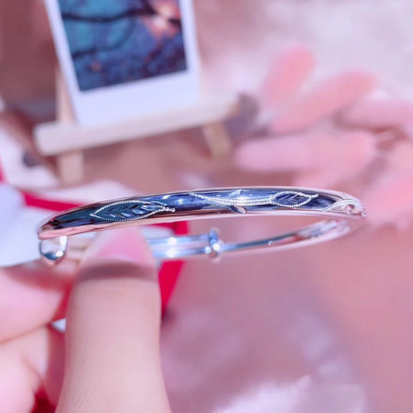 Leaves Pattern Round Band Adjustable Size Sterling Silver Bangle Bracelet