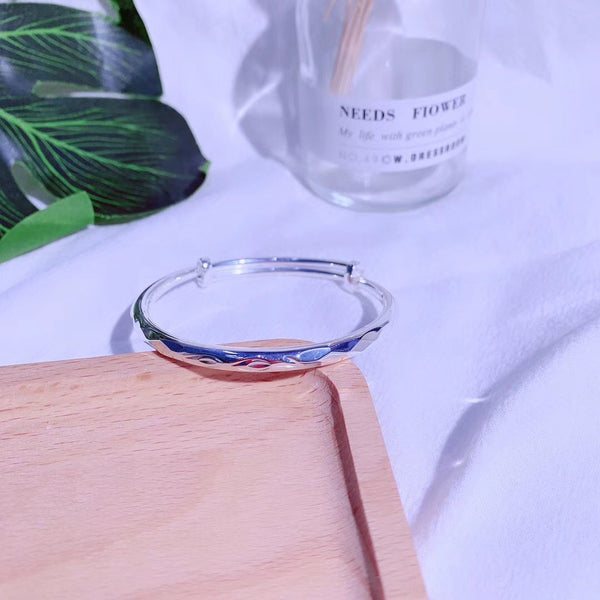 Like Diamond Cutting Surface Round Band Adjustable Sterling Silver Bangle Bracelet