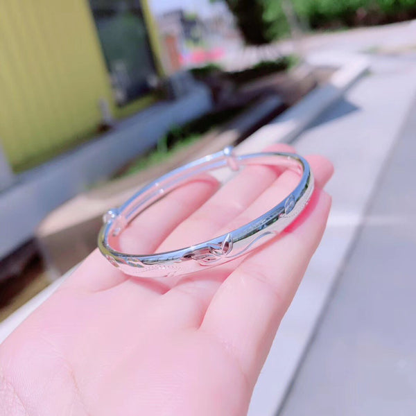 Lotus Pattern Round Band Adjustable Size Sterling Silver Bangle Bracelet
