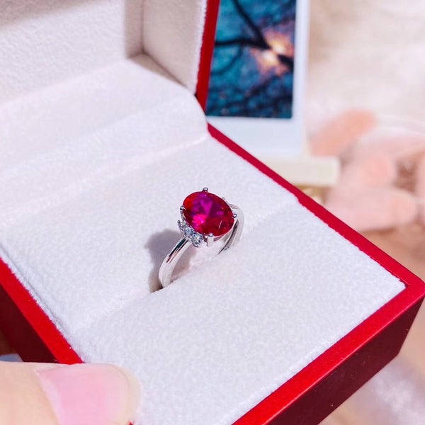 Oval Ruby Plain Silver Band Sterling Silver Ring