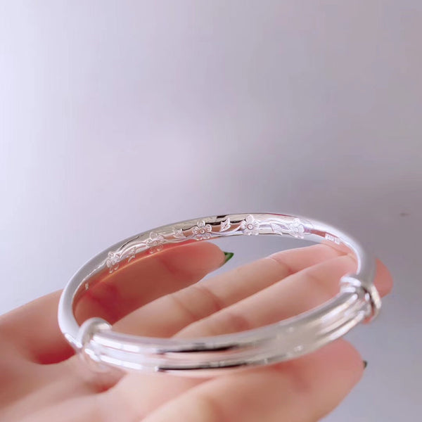 Peacock Feather Adjustable Size Sterling Silver Bangle Bracelet