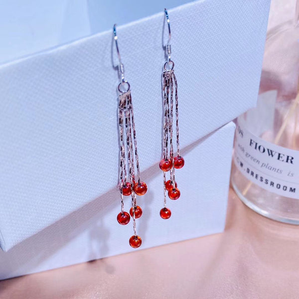 Red Garnet Tassel Style Sterling Silver Earring