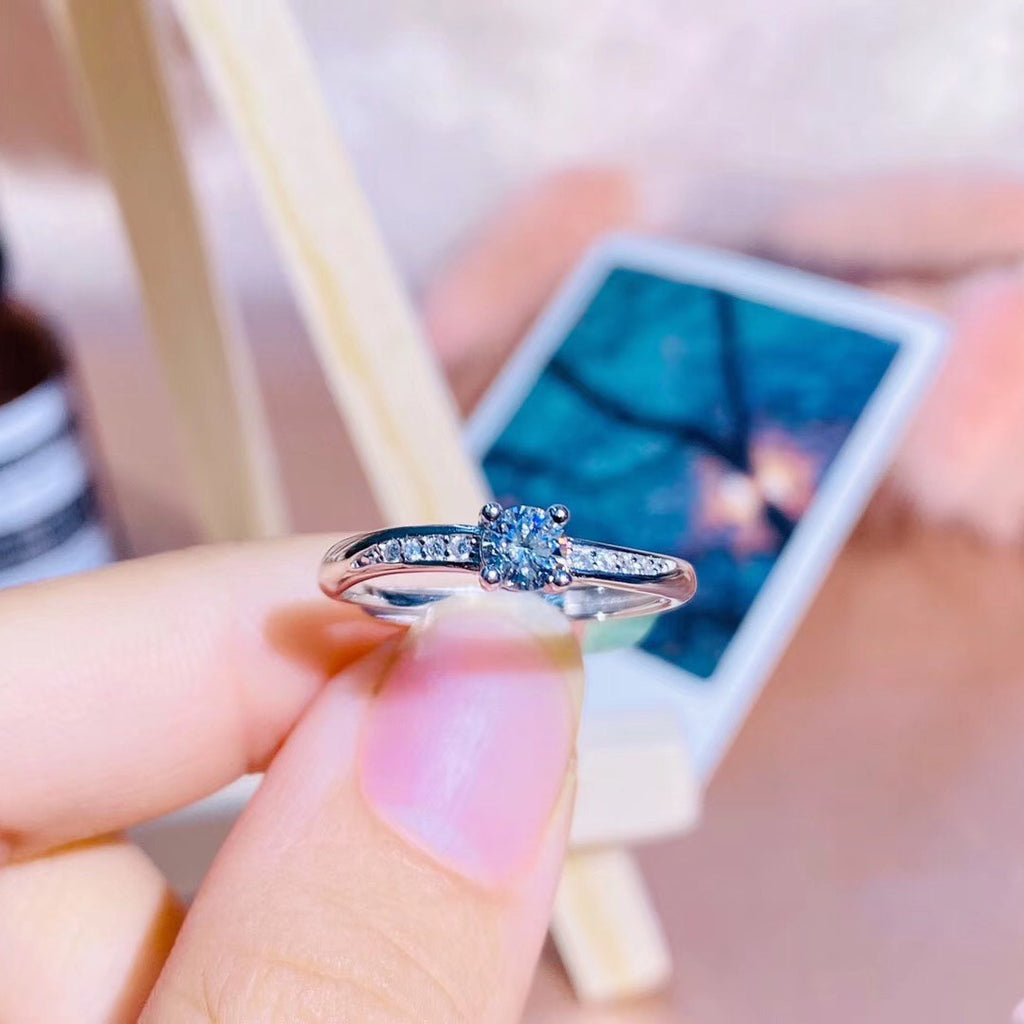 Round CZ Solitaire Half CZ Band Sterling Silver Ring