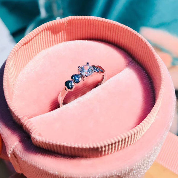 Round CZ Solitaire Hearts Array Band Sterling Silver Ring