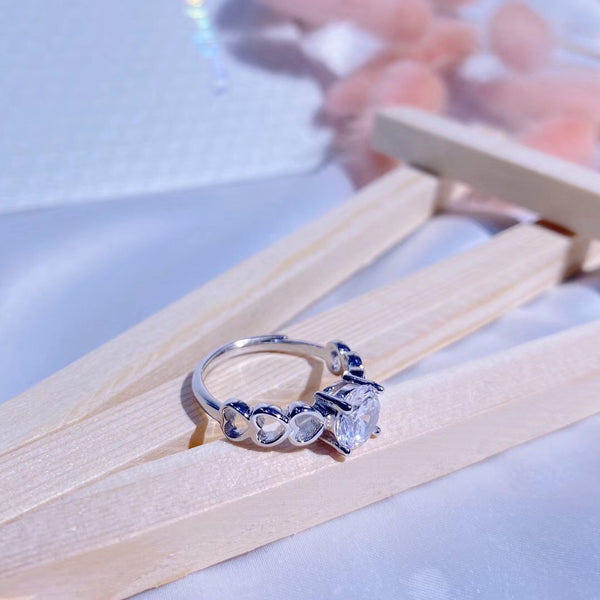 Sterling Silver Hollow Heart Stacking Band Round CZ Solitaire Ring