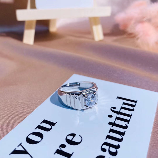 Round CZ Solitaire With Horizontal Stripes Band Sterling Silver Ring For Men