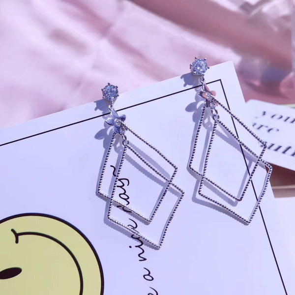 Round CZ Stone & Double Sterling Silver Rhombuses Earring