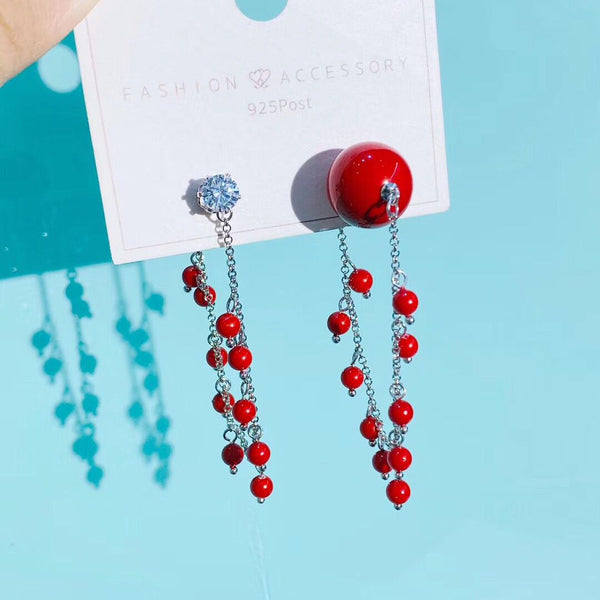 Round CZ Stone & String Of Beads Tassel Style Sterling Silver Earring