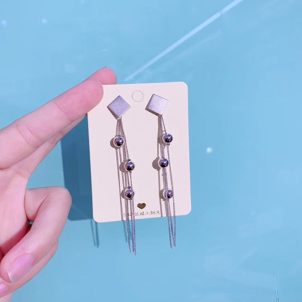 Silver Square Plate & Strings Of Beads Tassel Style Sterling Silver Earring