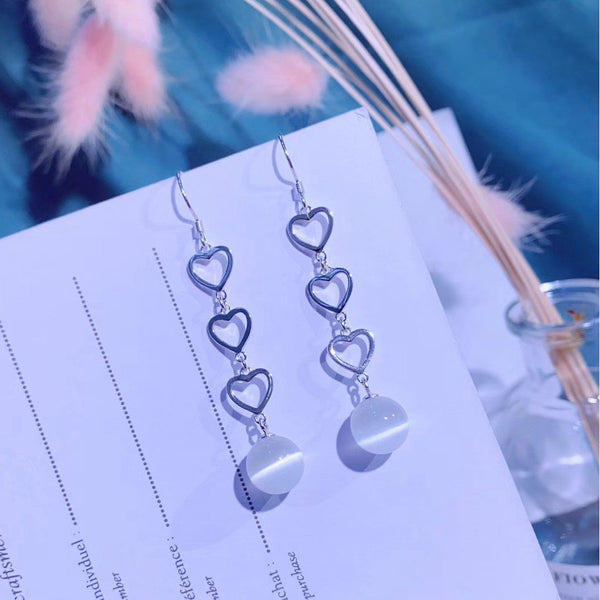 Stacking Sterling Silver Hollow Hearts White Bead Tassel Style Earring