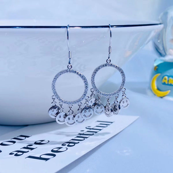 Sterling Silver 5 Smile Faces Stacking CZ Loop Tassel Style Earring