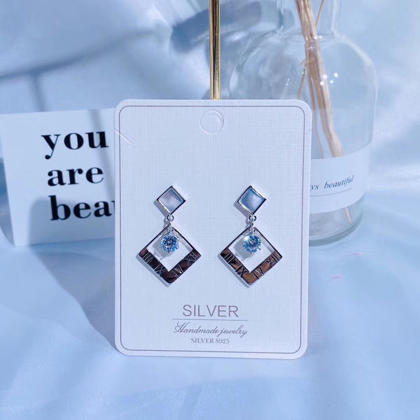 Sterling Silver Hollow Box With Roman Number & Crystal Tassel Style Earring