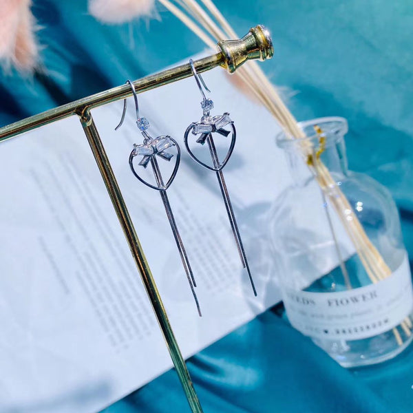 Sterling Silver Hollow Heart Tassel Style Earring With CZ Bowknot